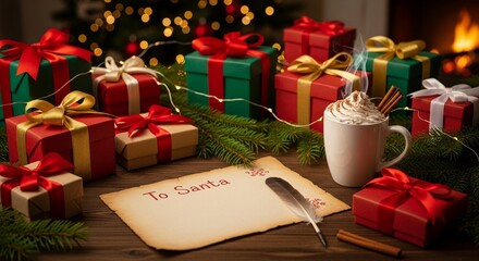 vintage blank letter to santa mockup, hot cocoa, and classic red and green christmas gifts