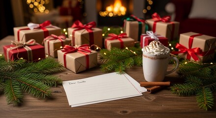 cozy christmas eve : blank letter to santa, hot cocoa, and gifts by the fireplace