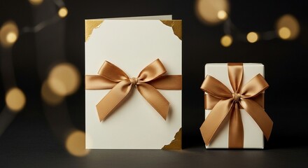 elegant white and gold greeting card mockup and gift box with festive bokeh