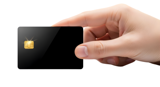 Hand Holding Black Credit Card with Gold Chip and Copy Space