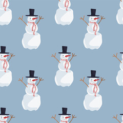 Seamless Vintage Christmas Cute Snowman Pattern on Blue background, vector illustration