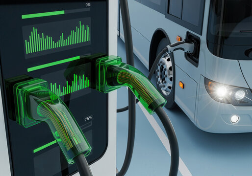 Futuristic electric bus charging station with data on screen. Green energy for sustainable public transportation and urban mobility - Powered by Adobe