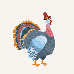 A turkey with a red hat on its head. The turkey is standing on a white background. Vector illustration