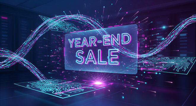 Year-End Sale Tech: Futuristic Neon Business Promotion