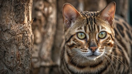 Fototapeta premium Bengal Cat With Stunning Leopard Pattern Resting Beside a Tree in Sharp Focus During Golden Hour