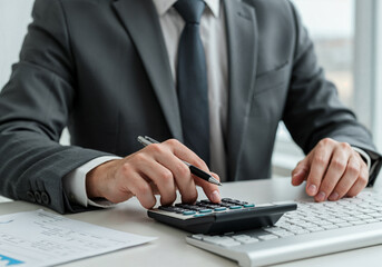 A woman is sitting at a desk with a laptop and a calculator. She is using the calculator to do some calculations.