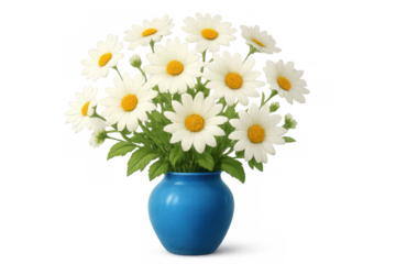 Fresh daisies bouquet in blue ceramic vase with green leaves, bringing spring joy, transparent background