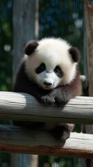 Obraz premium A cute baby panda cub playfully balances on a long wooden trunk, showing its adorable curiosity and natural charm