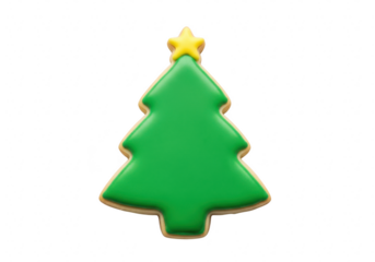 A delightful christmas tree cookie, adorned with vibrant green icing and a shining yellow star, , embodies the festive spirit of the holiday season isolated on transparent background