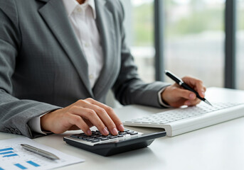 A woman is sitting at a desk with a laptop and a calculator. She is using the calculator to do some calculations.
