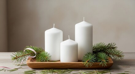 three white pillar candles with fir branches on wooden tray