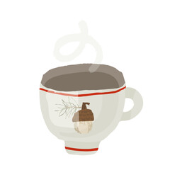 Cup with an image of an acorn and a red rim. The cup is filled with hot liquid chocolate coffee or tea