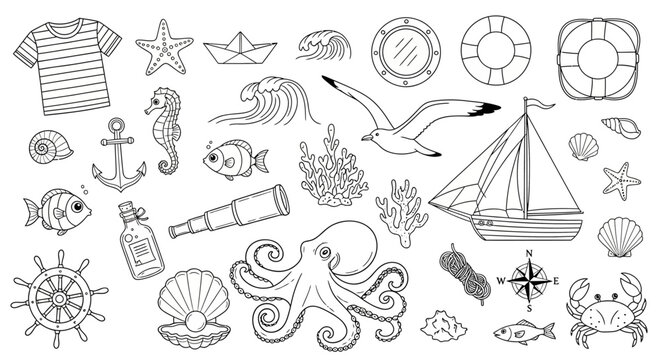 Collection of hand-drawn nautical and marine doodles. A set of sea life icons, sailing symbols, and ocean adventure elements in outline style
