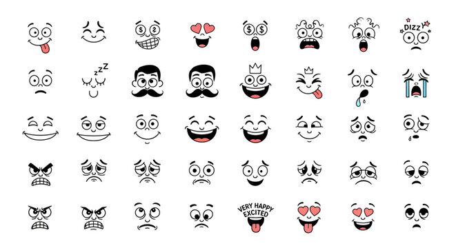 A diverse Whisk collection of classic cartoon face expressions. Vector set of funny emotional characters for comic design and avatars