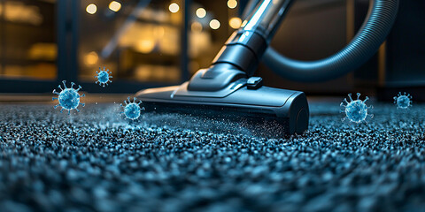 Vacuum cleaner cleans carpet in a cozy living room Generative AI