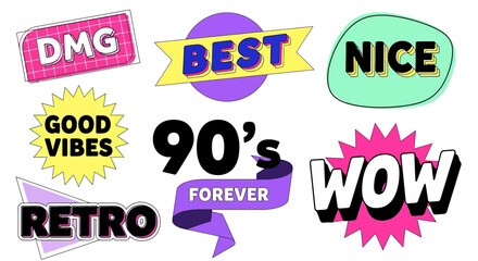 A vibrant collection of 90s-inspired retro stickers and badges featuring positive slogans and pop art elements for creative design