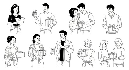 A diverse group of people celebrating special moments by giving and receiving presents, depicted in a clean line art style