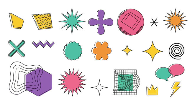A vibrant set of abstract geometric shapes and retro symbols from the 80s and 90s. Colorful Memphis style design elements for creative projects