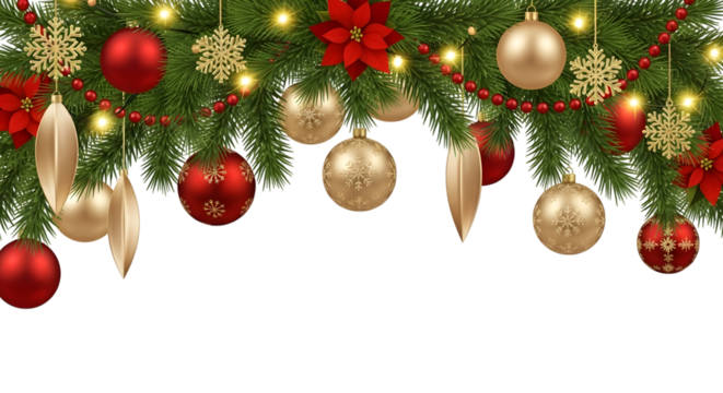 Festive christmas garland with red and gold ornaments, poinsettias, and snowflakes