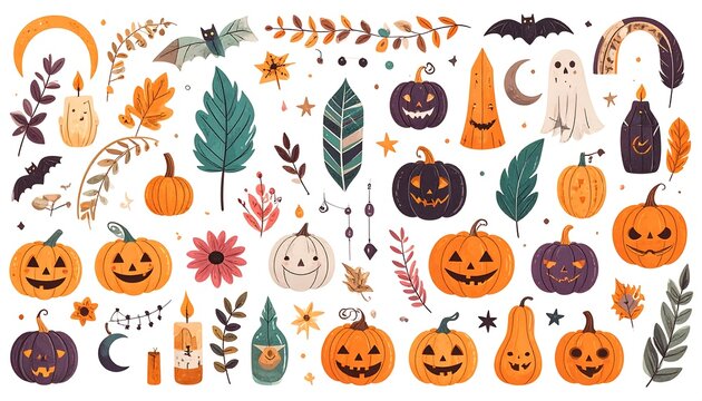 Halloween Vector Illustration Set - Pumpkins, Bats, and Spooky Elements.