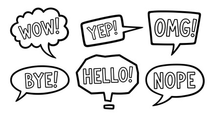 A collection of hand-drawn doodle style speech bubbles featuring common words and exclamations. Black and white vector comic book chat icons