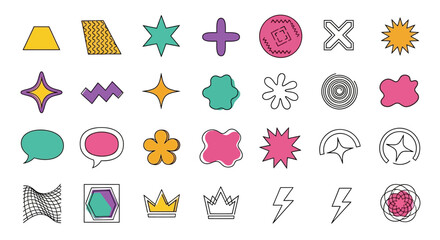Trendy set of Y2K aesthetic geometric shapes, abstract symbols, and modern icons. Vector collection for graphic design projects