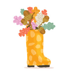 Rubber autumn yellow boots with bright autumn leaves inside. Vector illustration.Perfect template for card, poster, invitation, label
