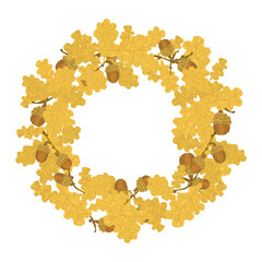 Wreath with acorns and oak yellow leaves. Perfect template for card, poster, menu, invitation, label