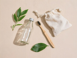 No plastic concept. Top view photo of jar with toothpaste natural cosmetics soap dental floss toothbrushes hair brush cotton buds green plant leaves and wooden stands on isolated beige background