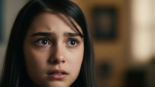 A young girl with a concerned expression looks off to the side in worry