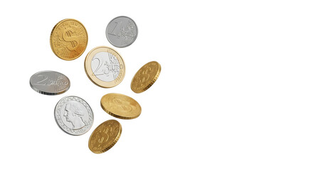 Assorted Gold and Silver Coins Including Euro and Dollar Symbols isolated,, isolated on white or transparent background, AI