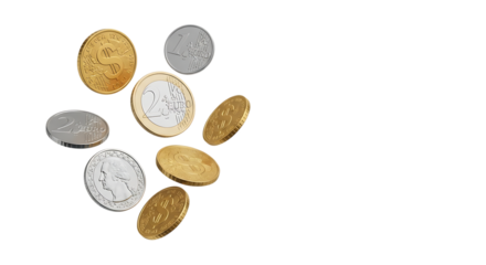Assorted Gold and Silver Coins Including Euro and Dollar Symbols isolated,, isolated on white or transparent background, AI