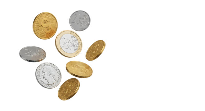 Assorted Gold and Silver Coins Including Euro and Dollar Symbols isolated,, isolated on white or transparent background, AI