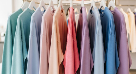 Row of colorful sweatshirt on hanger, suggesting variety and assortment in garment retail, showcasing fashion trends and choices, perfect for apparel business