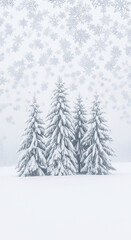 Obraz premium Three fir trees covered with snow stand in a white field. Snowflakes fall. Concept represents winter wonderland, cold, freshness, purity, and stillness