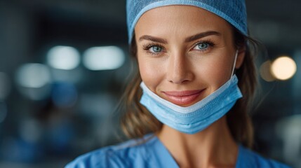 Portrait of a healthcare worker wearing a mask and cap, conveying empathy and dedication. Ideal for promoting health services and medical care.