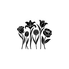 bundle of 5 elegant flower silhouettes, black fill, vector