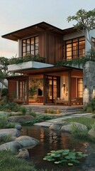 beautiful cozy minimal wooden house with lotus pond at house yard 