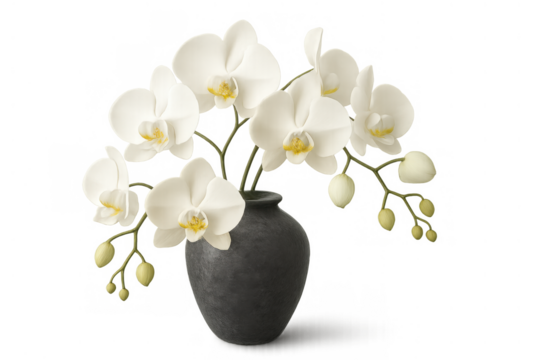 White phalaenopsis orchids blooming in a dark grey vase on transparent background, symbolizing elegance and purity