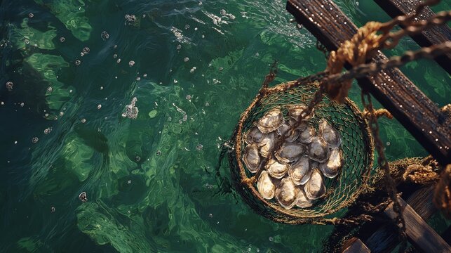 a basket net full of oyster pull out of ocean water