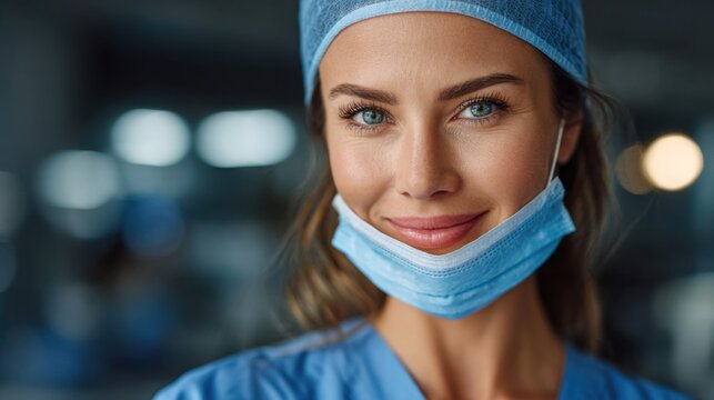 Portrait of a healthcare worker wearing a mask and cap, conveying empathy and dedication. Ideal for promoting health services and medical care. - Powered by Adobe