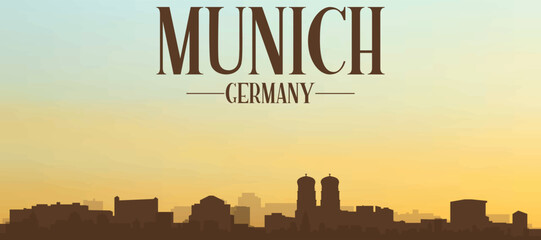 Panoramic poster of the city skyline with misty background buildings, hills sunrise, sunset and clouds of MUNICH, GERMANY