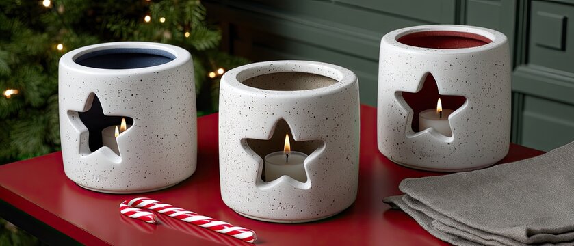 Two striped candy canes and silver stars sit on round red bases, adding a cheerful touch to a festive holiday setting