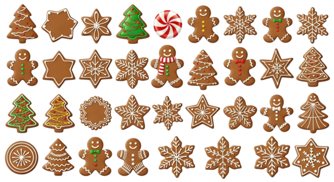 A collection of assorted gingerbread cookies in various christmas shapes