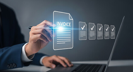 A businessman reviews an invoice on a digital screen, with a series of completed tasks indicated by checkmarks.