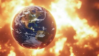 Fire flames on burning planet Earth globe. Global warming illustration.