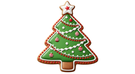 A festive gingerbread cookie shaped like a christmas tree, decorated with green icing and white frosting, isolated on a transparent background