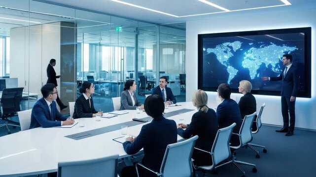 Business team in conference room watching presentation on large screen