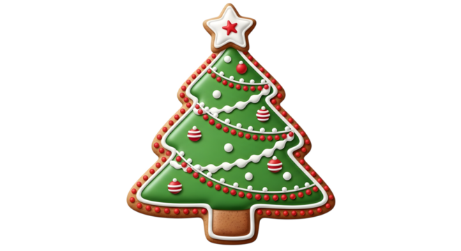 A festive gingerbread cookie shaped like a christmas tree, decorated with green icing and white frosting, isolated on a transparent background