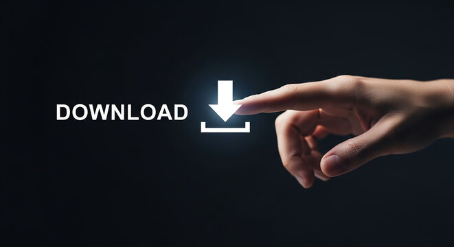 A hand pointing to a glowing download icon and the word "DOWNLOAD" on a dark background.